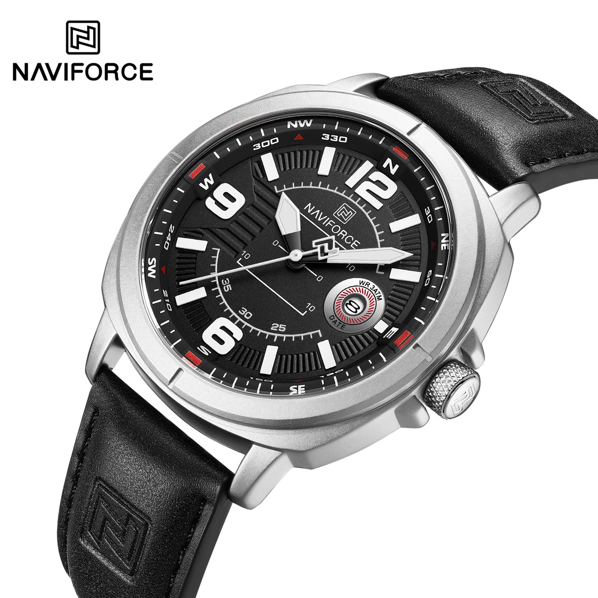 NAVIFORCE 8078 Men's Quartz Watch Luminous Calendar Casual Sports Wristwatch Waterproof with Soft Leather Strap for Daily Wear