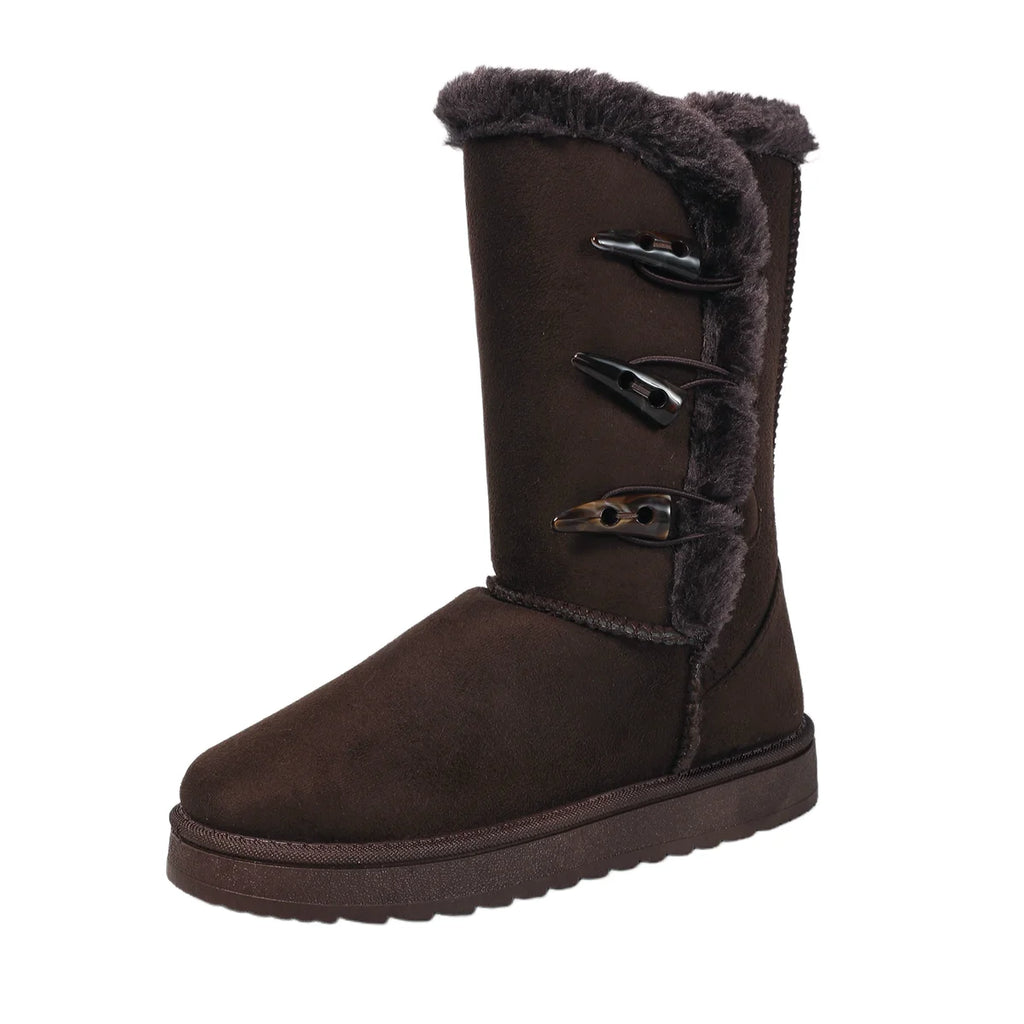 Botas de nieve de ante con botón de cuerno clásico de la marca, botas de media caña de felpa cálida para mujer, invierno 2026, botines altos de piel esponjosa para mujer