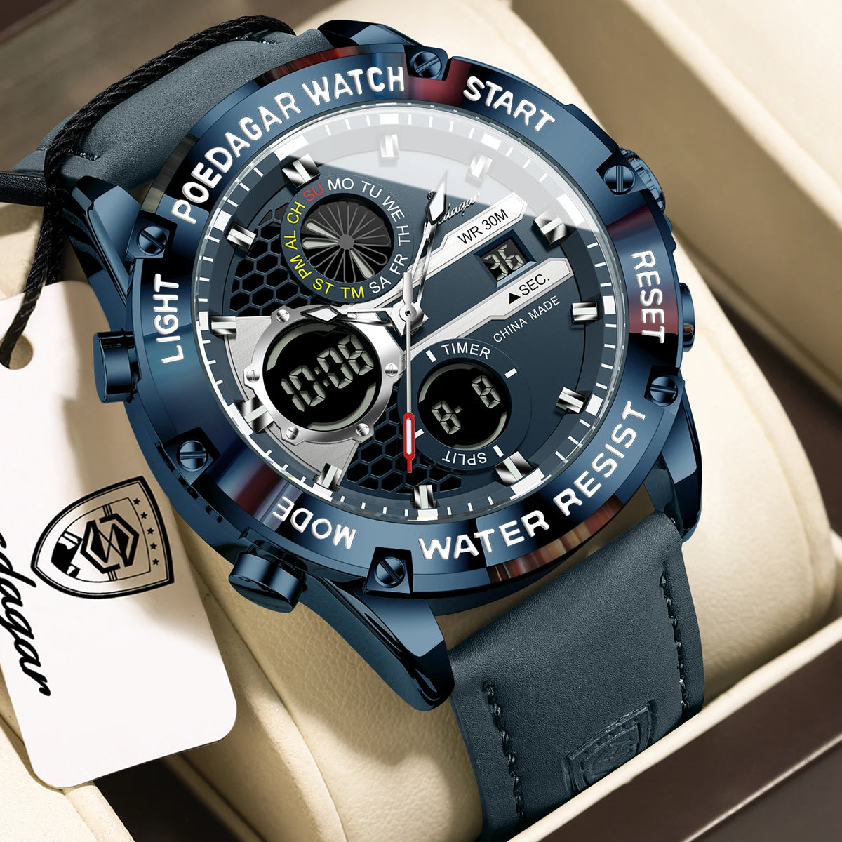 Reloj de hombre POEDAGAR Top Fashion, impermeable, electrónico, LED, de lujo, con pantalla de hora dual, digital, de cuarzo y correa de piel