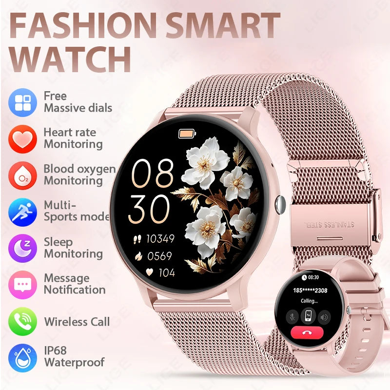 Nuevo reloj inteligente con llamadas Bluetooth para mujer, monitor de frecuencia cardíaca y presión arterial, resistente al agua, para Android e iOS