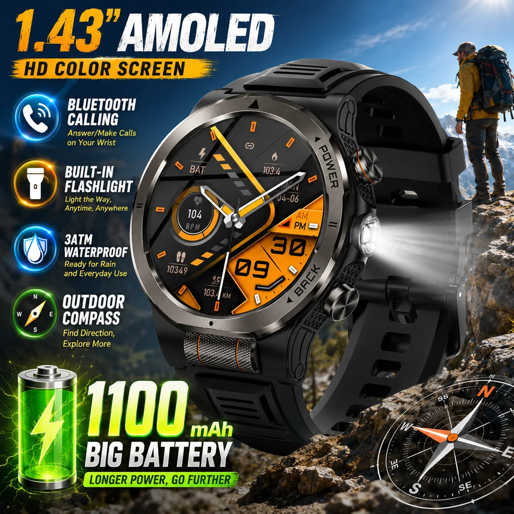 LIGE 2026 New 1100mAh Battery Smart Watch Waterproof Sports Tracker Health Monitoring Outdoor Compass Smartwatch With Flashlight