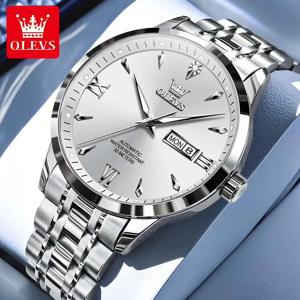 Reloj mecánico automático OLEVS 9956 para hombre, de acero inoxidable, resistente al agua, con fecha y día, versión de lujo original mejorada