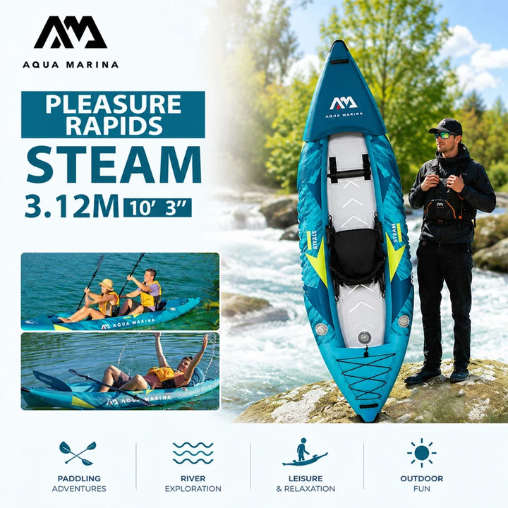 Kayak Inflable AQUA STEAM 312 para 1 Persona, con Piso de Tecnología Drop Stitch, PVC Reforzado 840D, Diseño Aerodinámico, Asiento con Respaldo Alto, Tecnología Deck Shield, para Deportes Acuáticos, Ríos, Lagos, Agua Du