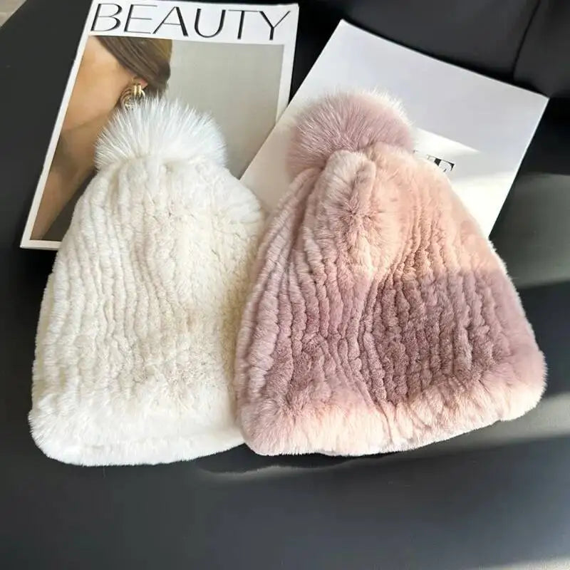 Gorro de piel de conejo Real Rex para mujer, gorro de invierno de piel gruesa, gorro cálido con protección para los oídos, gorro de piel tejido a mano, gorros de piel natural para exteriores