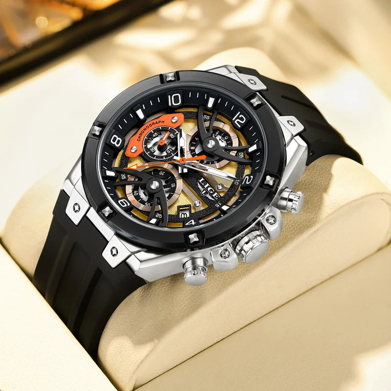 Reloj deportivo LIGE para hombre, de marca de lujo, con correa de silicona, cronógrafo, función de esfera pequeña, reloj de pulsera de cuarzo, resistente al agua y luminoso