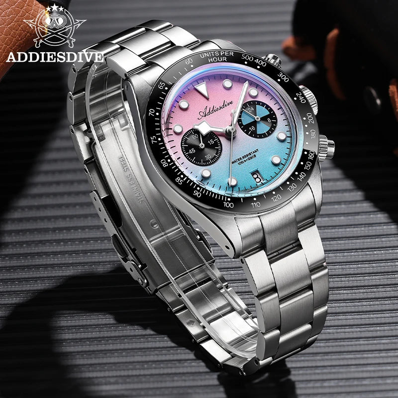 ADDIESDIVE AD2559 Male VK64 Quartz Watch Bubble Mirror Stainless Steel BGW9 Luminous 100m Waterproof Stainless Steel Men Watches