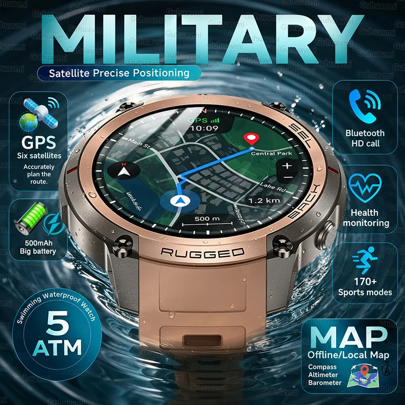 Reloj Inteligente GPS con Mapa Satelital Militar 2026, para Hombre, Pantalla AMOLED de 1.43'', Llamadas Bluetooth, Brújula, Resistente al Agua 5ATM, 170+ Deportes