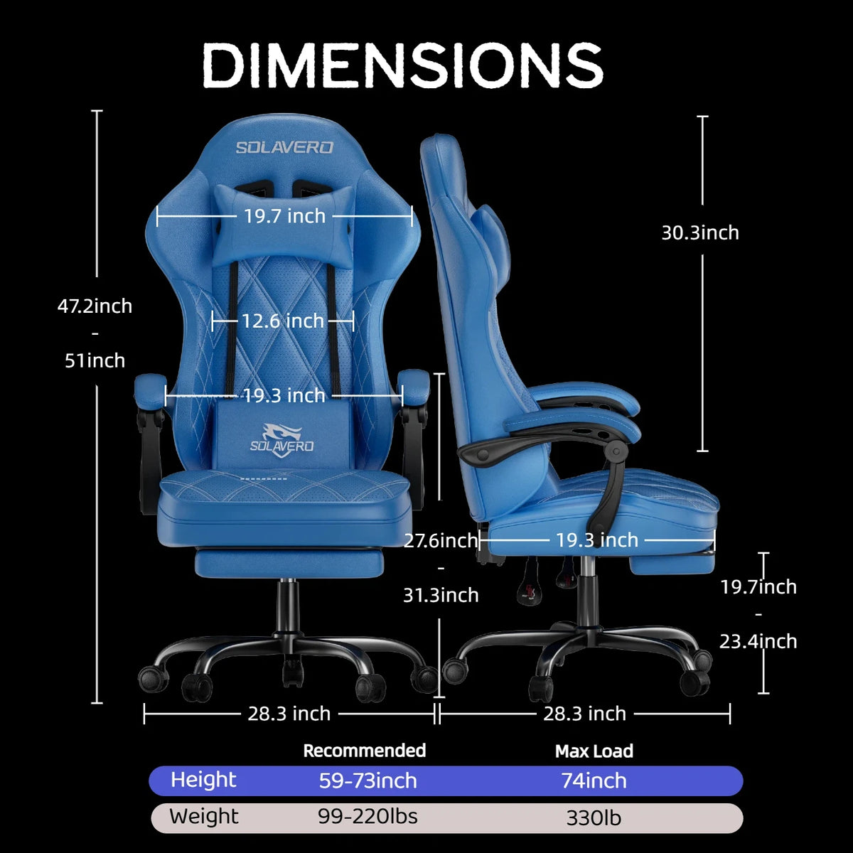 Silla de gaming azul con reposacabezas, reposabrazos y reposapiés, base negra con ruedas