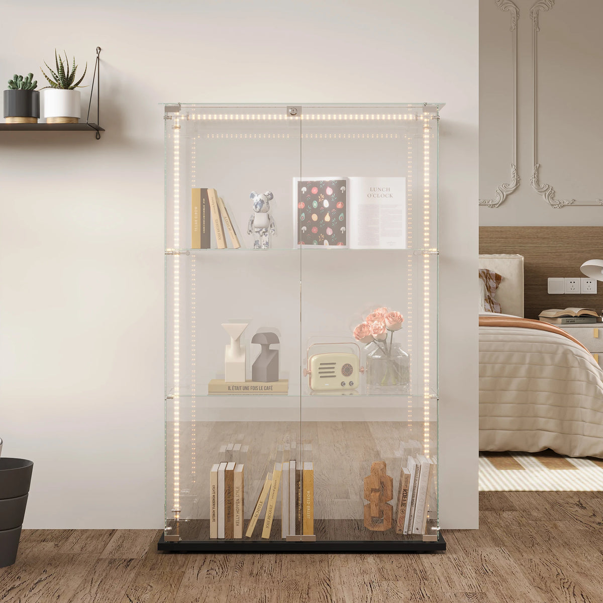 Vitrina de cristal con iluminación LED, vitrina de pie con 3 estantes de cristal y 2 puertas de cristal, con cerradura, vitrina para sala de estar, oficina, coleccionables, libros, vino, blanco