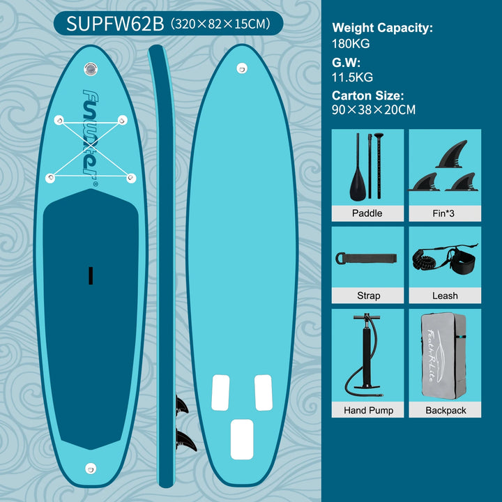 Tabla de SUP Inflable Funwater 335/350cm, Tecnología de Sellado Térmico, Kit Completo de Accesorios, Pala de Doble Punta, Stock Local en la UE