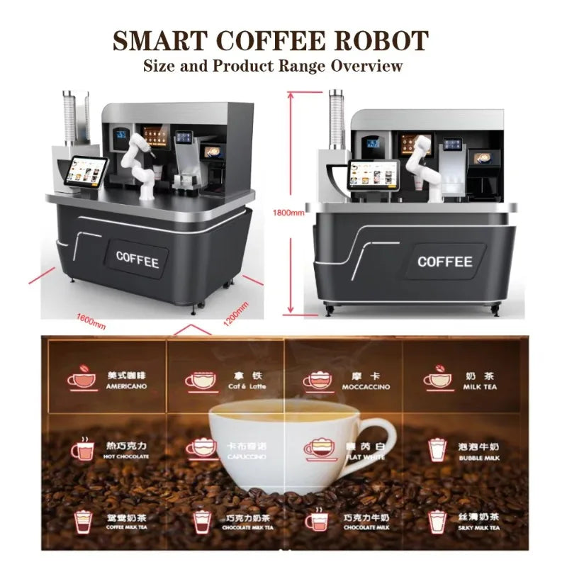 Infografía de robot cafetero inteligente con brazo robótico y vista frontal