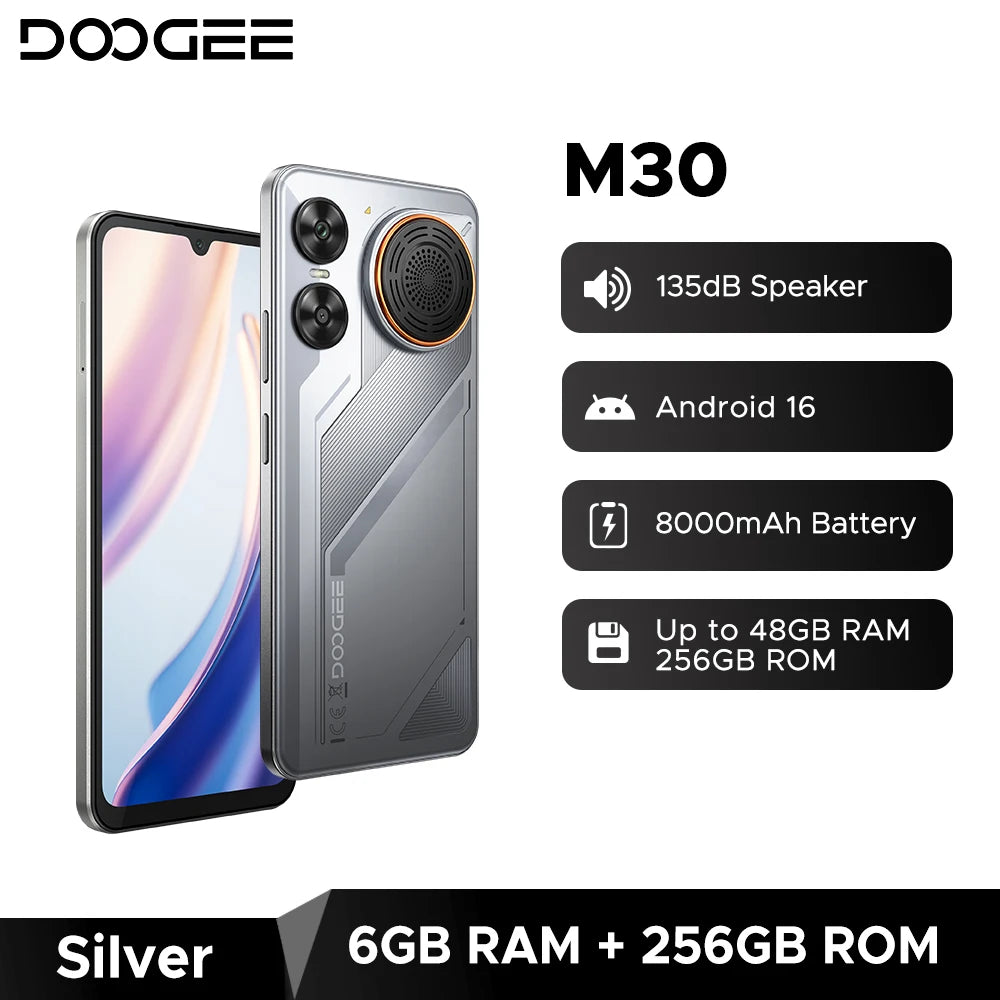 Smartphone DOOGEE M30, batería de 8000mAh, pantalla de 6.88'', 48GB de RAM (6GB+42GB), 256GB de ROM, cámara de 64MP, altavoz de 135dB, Android 16, teléfono móvil con NFC