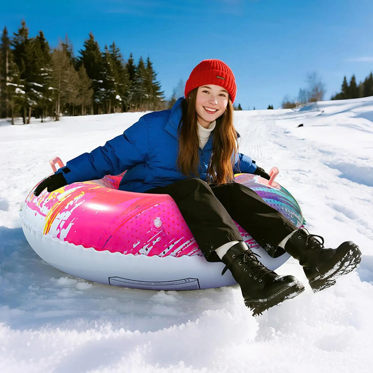 Tubo de Nieve Inflable para Adultos y Niños, Trineo de Nieve Resistente con Base Rígida y Asas, Anillo de Esquí de PVC Engrosado, Accesorios para Juegos de Invierno