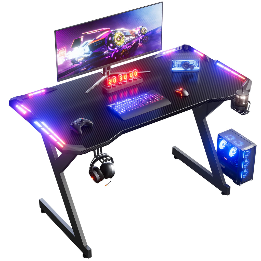 Escritorio gamer en Y con luces RGB y gancho para audífonos, soporte para taza