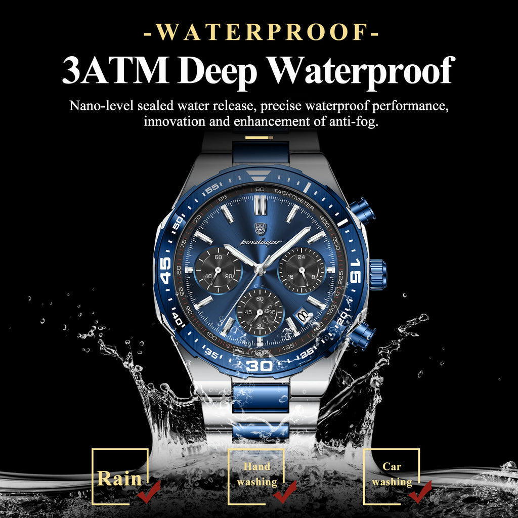 Reloj de cuarzo para hombre POEDAGAR, elegante, casual, luminoso, resistente al agua, de acero inoxidable, con cronógrafo y fecha