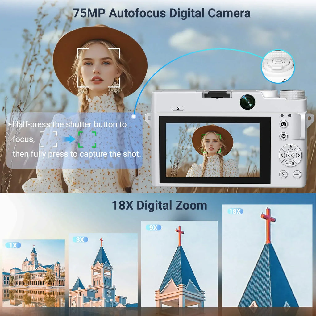 Videocámara Digital 4K HD, cámaras duales, 75MP, Zoom 18X, pantalla de 3,0 pulgadas, enfoque automático AF, antivibración con linterna para fotografía
