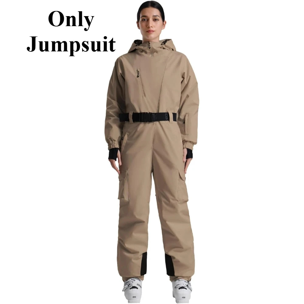 Trajes de esquí de una pieza para mujer 2026, monos de invierno aislados, impermeables, para snowboard, con cinturón y capucha, para actividades al aire libre