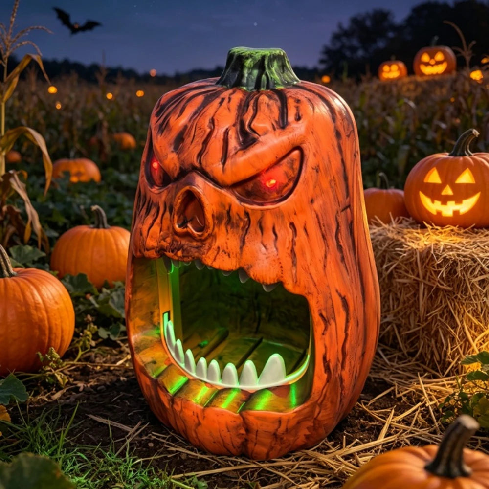 Caja de almacenamiento de dulces de calabaza con cara de calavera de Halloween, adornos de calabaza luminosos activados por voz, decoraciones navideñas, cumpleaños