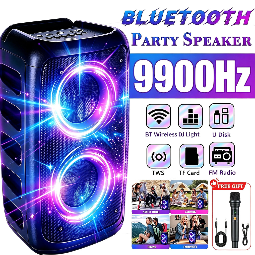 Altavoz Bluetooth profesional grande de 9900 Hz con micrófono, diseño portátil, incluye subwoofer Party Box, luces LED, compatible con funciones BT/USB/TF/AUX/FM/TWS/MIC/EQ, karaoke profesional. Regalo ideal para cumpleaños.