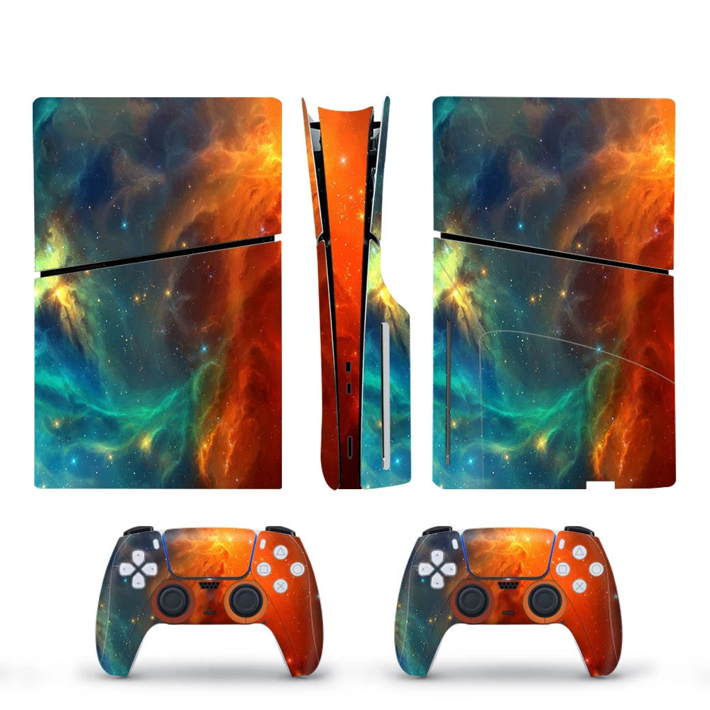 Vinyl Cover Skins for PS5 Slim Console 2PCS Galaxy Stickers Controller Wraps Set for PlayStation 5 Disc Edition Accessories