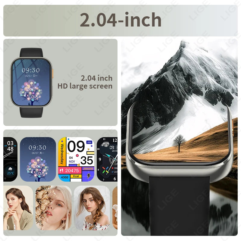 Reloj inteligente LIGE AMOLED para hombre, pantalla de 2.04, llamadas Bluetooth, monitor de salud, resistente al agua IP68, reloj inteligente deportivo para mujer, nuevo para Android iOS