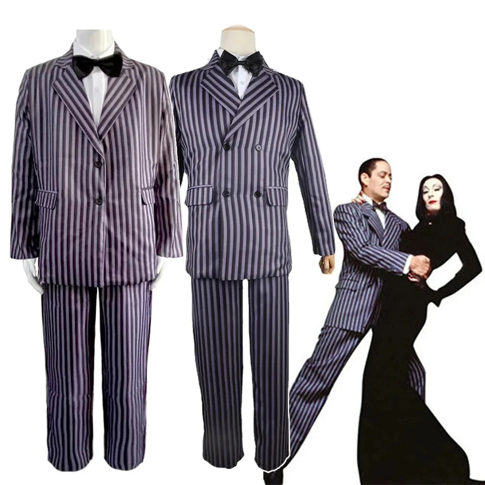 Disfraz de Morticia Addams para Cosplay, Vestido de Halloween, Traje de Carnaval para Adultos, Abrigo, Camisa, Pantalón, Corbata, Uniforme de Fiesta