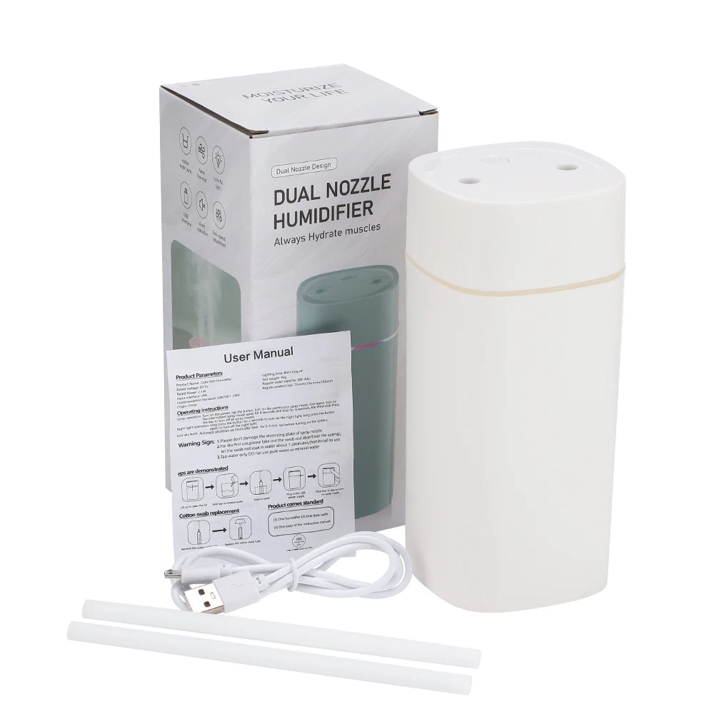 Humidificador de aire con doble puerto de pulverización, difusor de aceite esencial de aromaterapia, atomizador silencioso, luces de colores para el hogar, la Oficina y el coche, 600ML