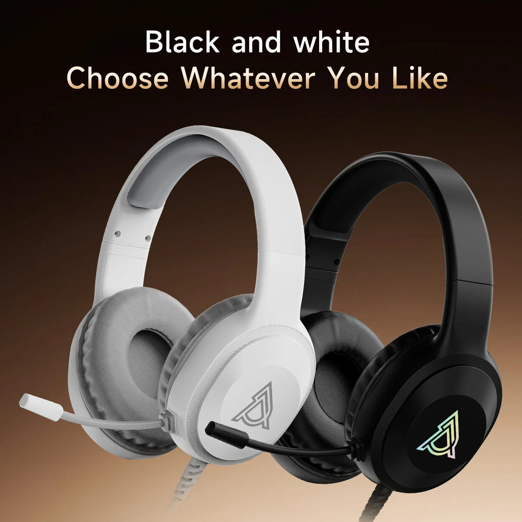 Auriculares gaming con cable en blanco y negro, almohadillas acolchadas