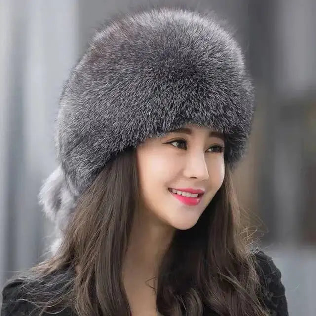 Gorro de piel de zorro auténtica para invierno, gorro de nieve de piel natural para mujer, gorros gruesos para exteriores, gorros rusos para esquiar, gorros bomber de piel blanca.