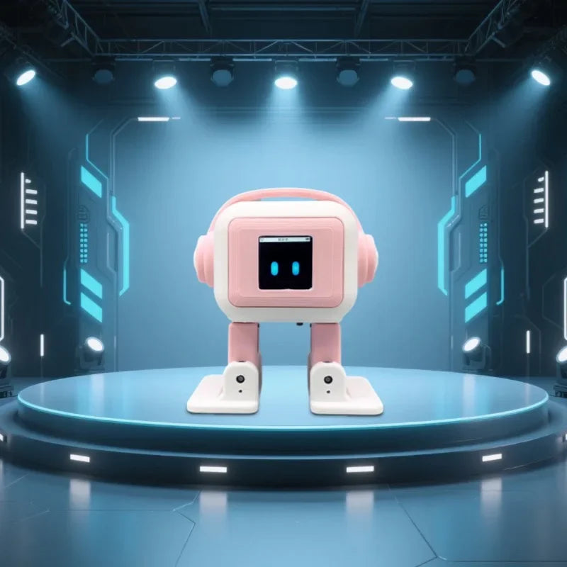 Robot EMO rosa con ojos LED azules y base de dos patas