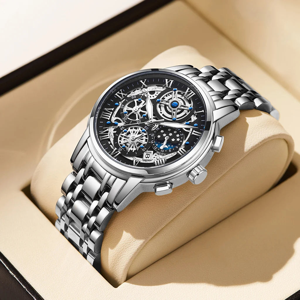 Reloj LIGE 2026 para hombre de acero inoxidable, reloj de cuarzo con fase lunar, resistente al agua, luminoso con calendario, regalo de Halloween