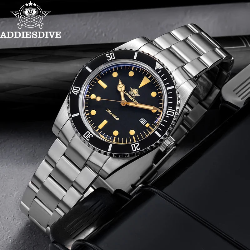 Reloj de cuarzo vintage para hombre ADDIESDIVE con calendario, luminiscencia verde C3, sumergible 20 bares, reloj de buceo de cuarzo de acero inoxidable