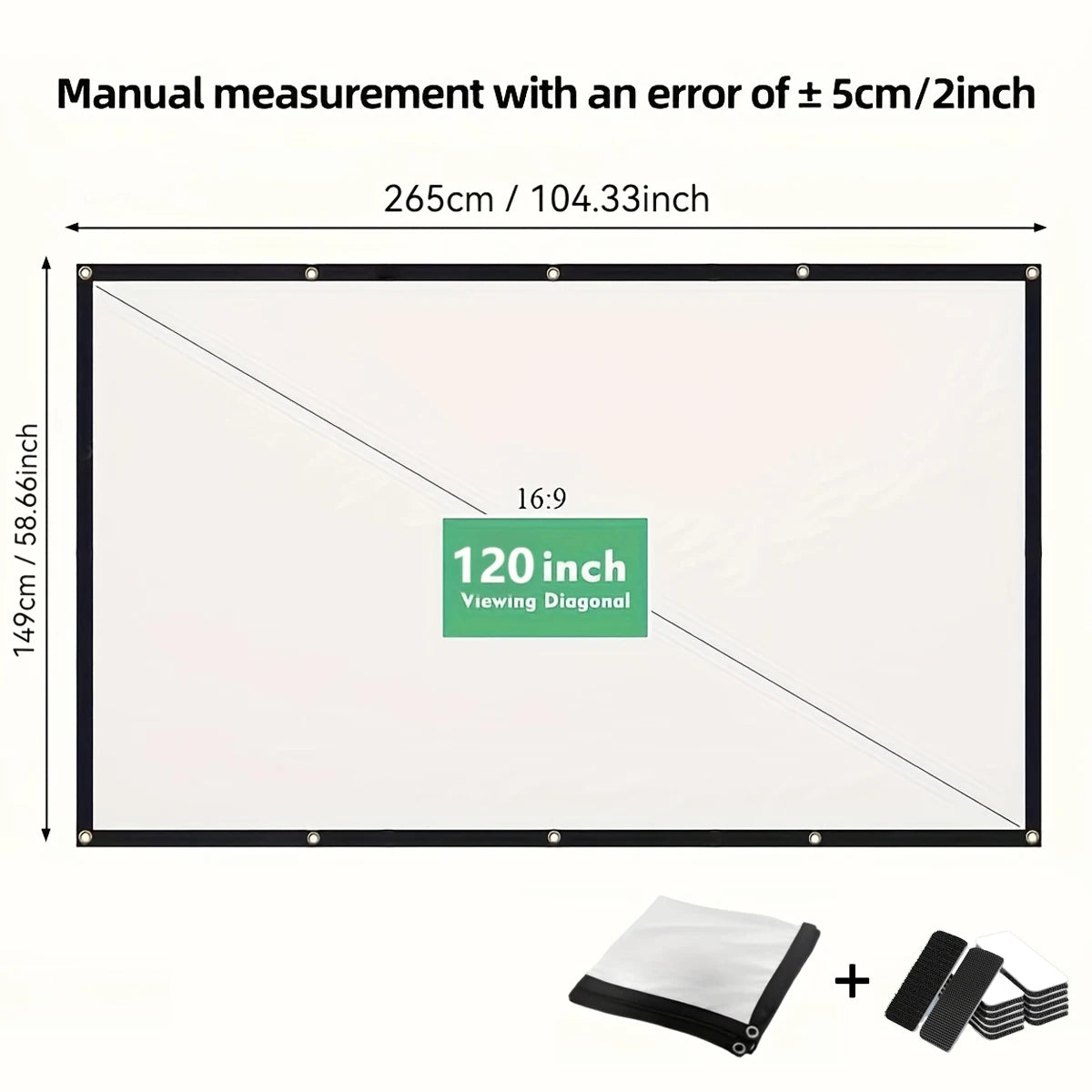 Pantalla de proyector portátil 16:9 plegable con marco y lienzo blanco, 120"