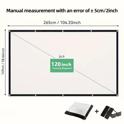 Pantalla de proyector portátil 16:9 plegable con marco y lienzo blanco, 120"