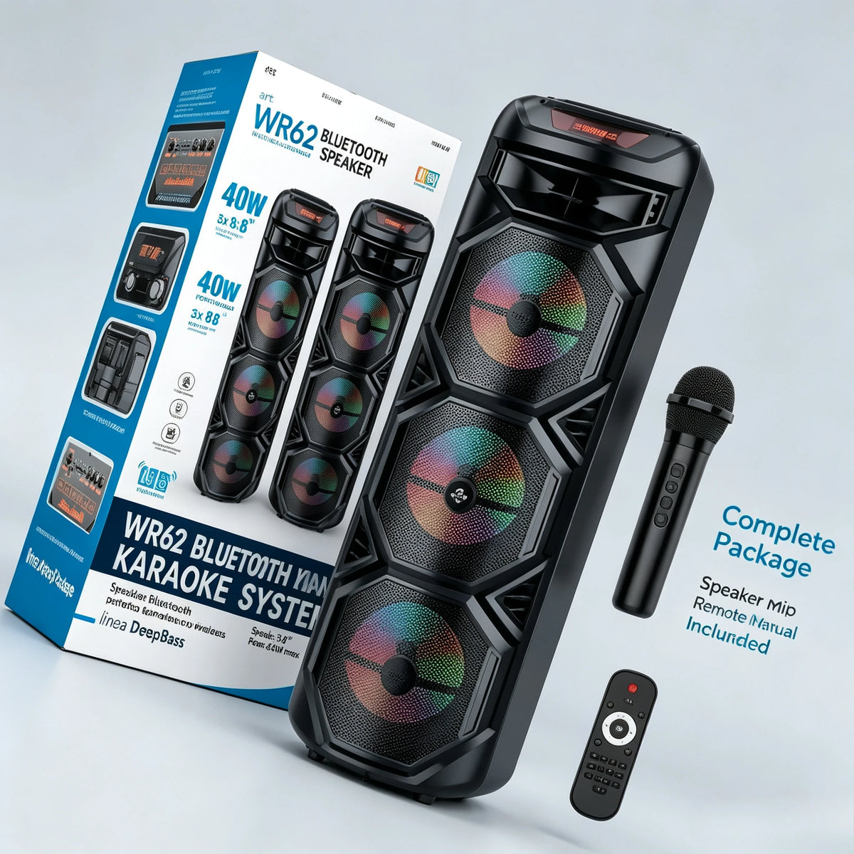 Altavoz Bluetooth Inalámbrico de 40W, Sistema de Karaoke con Bajos Profundos de 3x8 Pulgadas, Micrófono Inalámbrico, Luz RGB, Recargable, Caja de Sonido para Fiestas al Aire Libre
