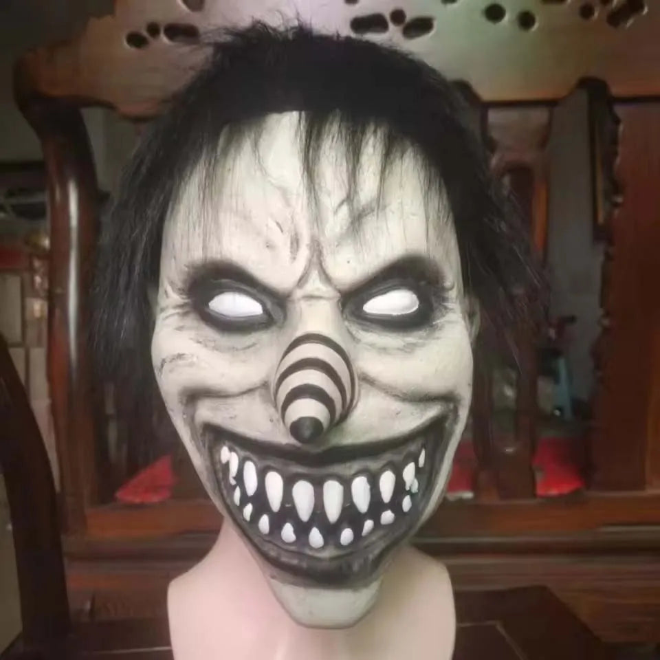 Máscara de payaso demonio aterrador, máscara de payaso malvado, máscara de payaso de pelo negro espeluznante, máscara de nariz en espiral, disfraz de látex para adultos, accesorios de cosplay para Halloween.
