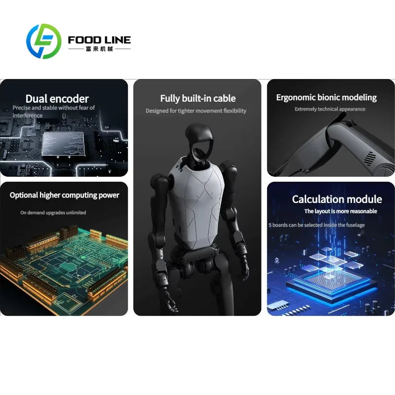 Robot humanoide negro con torso gris claro y módulos electrónicos, paneles y computación.