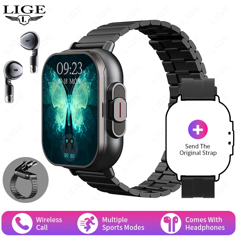 LIGE TWS Headphones Smartwatch 2 In 1 Headset Bluetooth Smart Watch 2.01" BT Call NFC GPS Tracker Heart Rate SpO2 Sport Bracelet