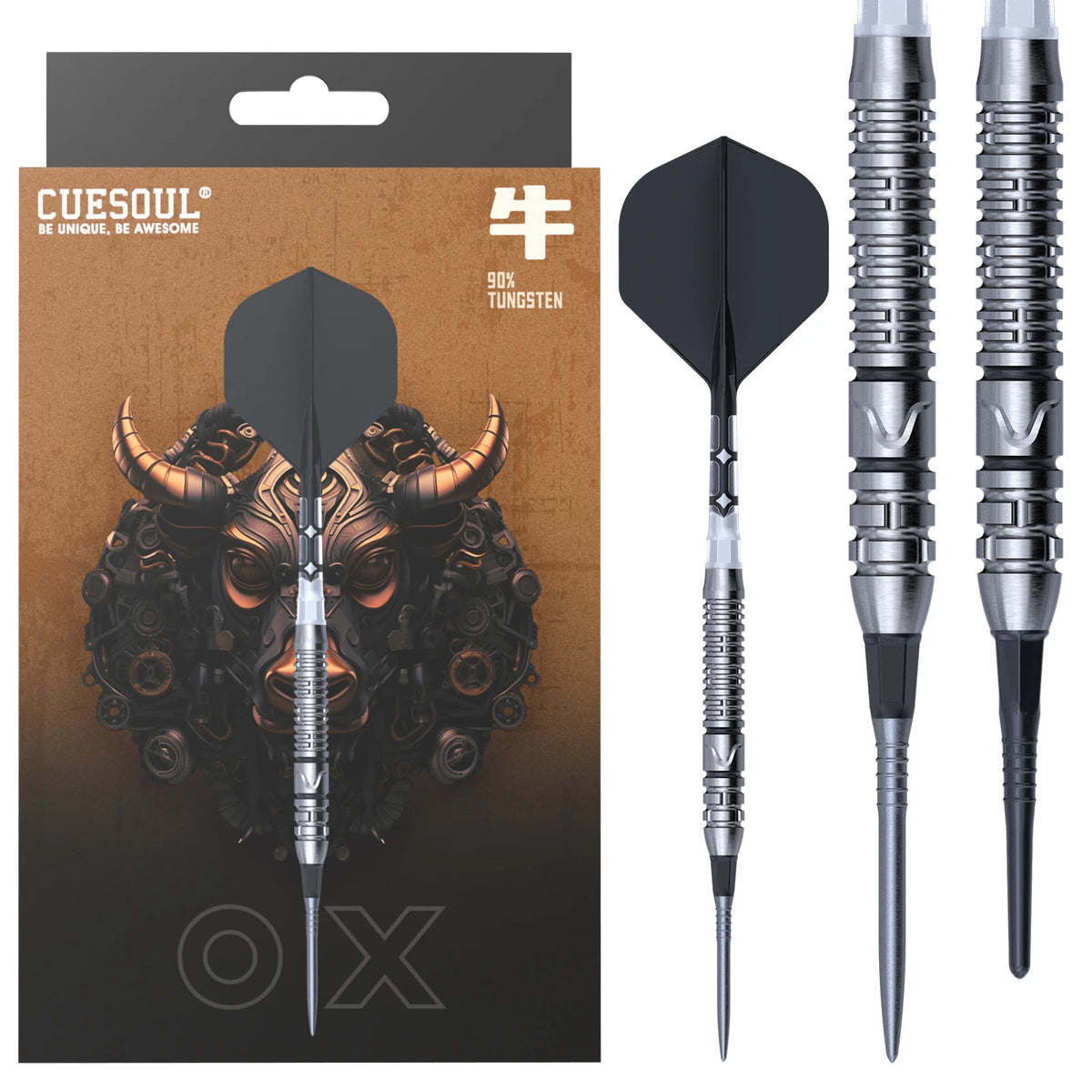 Set de dardos CUESOUL Chinese Zodiac ‘OX’ de 20g, punta de rosca pequeña OTO, 90% tungsteno, con pluma integrada ROST T19