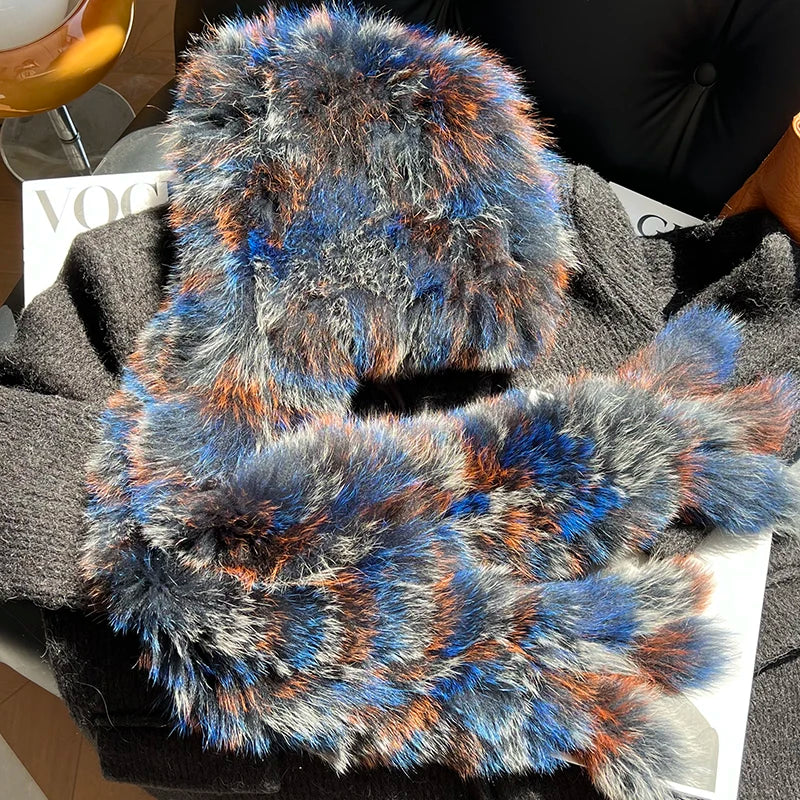 Gorro de invierno con forro de piel de zorro auténtica, gorro con bufanda integrada, gorro cálido y de diseño moderno, gorro de piel de zorro de doble cara, con forro de felpa gruesa y protección para las orejas.
