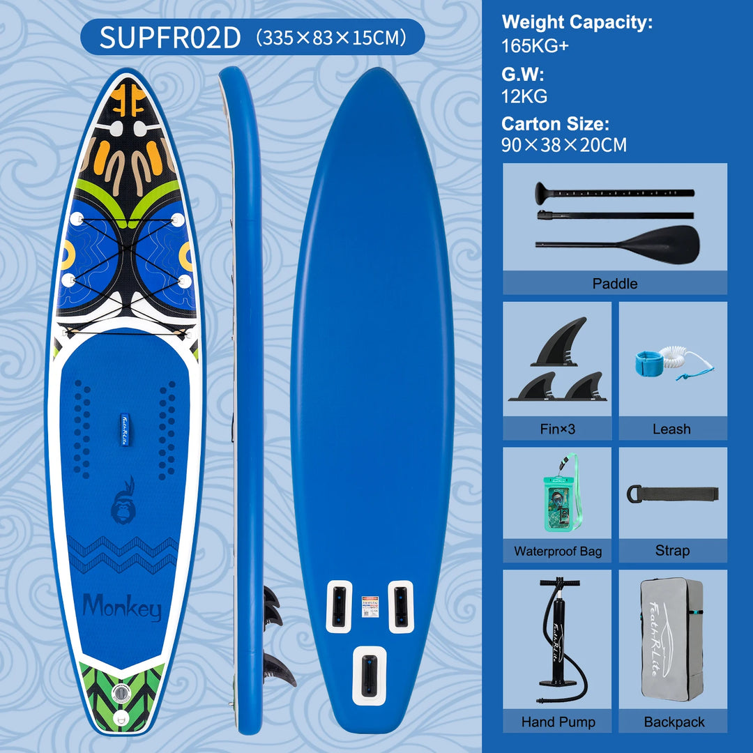 SUP hinchable Funwater SUPFW55C, 335x84x15 cm, 165 kg+, tabla de paddle surf rosa y lila con palmeras tropicales para yoga, escapadas a la playa, rutas en lagos y pesca tranquila, accesorios incluidos