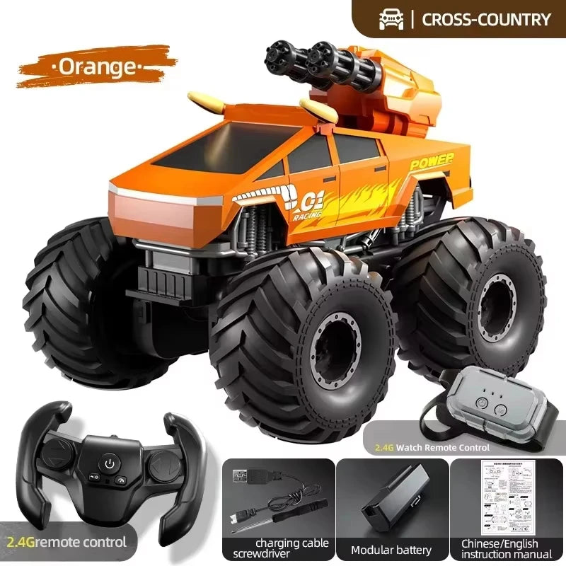 Coche RC anfibio naranja con ruedas grandes negras y control remoto 2.4G