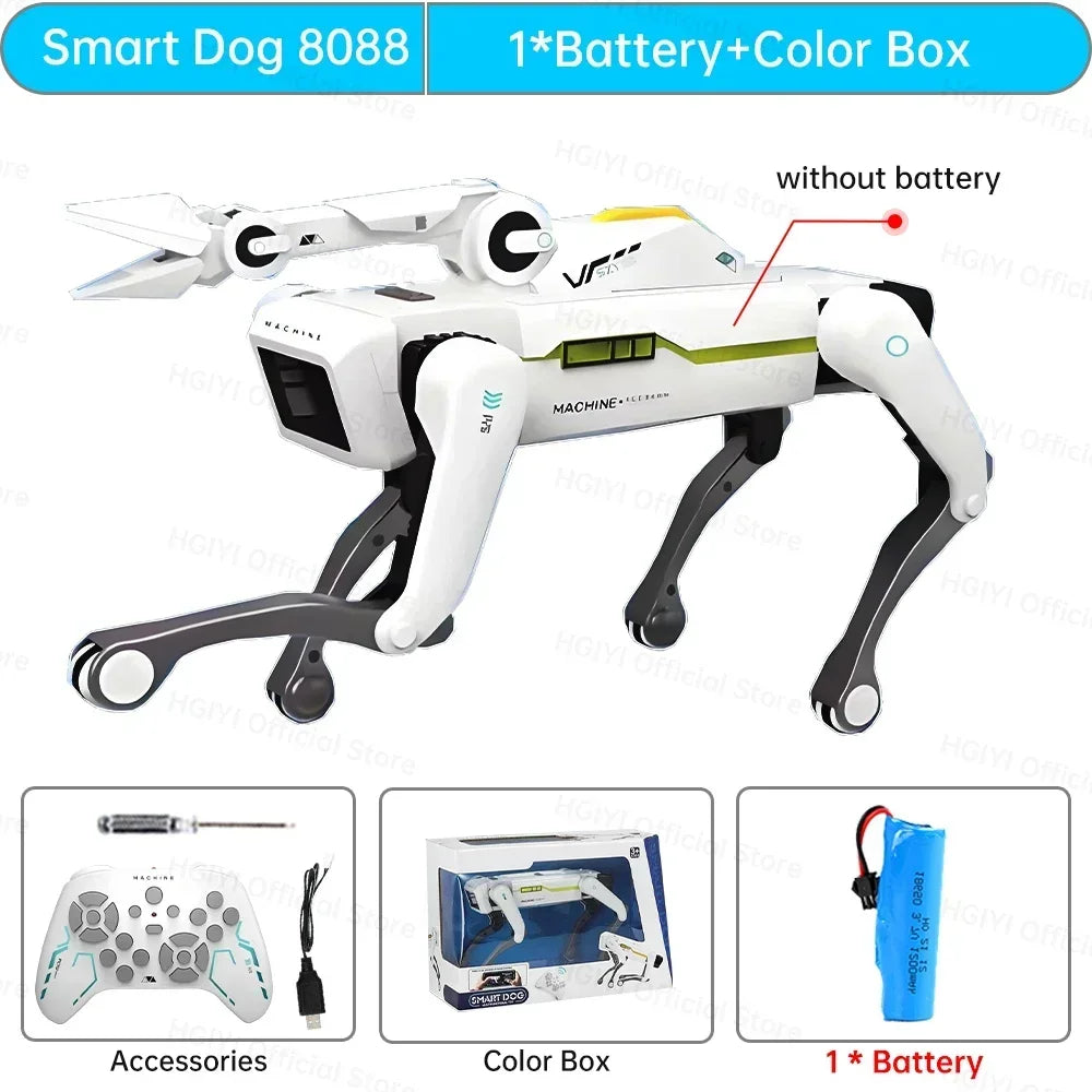 Perro robot teledirigido blanco, con batería y accesorios mostrados