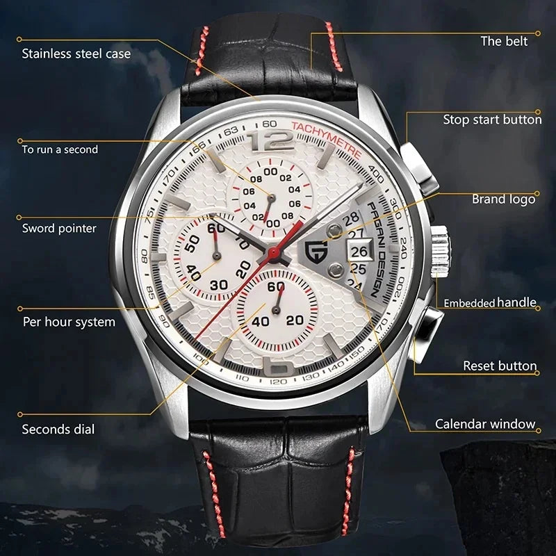 Reloj Cronógrafo Deportivo Multifuncional Impermeable para Hombre PAGANI DESIGN PD-3306, Reloj de Cuarzo Militar con Correa de Piel