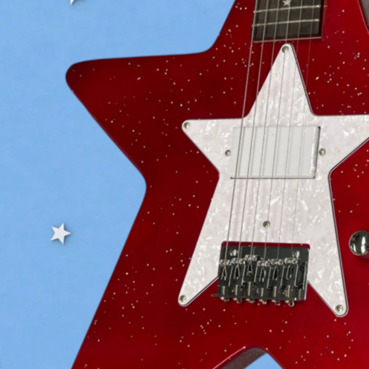 Guitarra eléctrica con forma de pentagrama, cuerpo brillante con detalles de purpurina roja, guitarra con protector de cuerdas de color blanco perlado, guitarra para actuaciones en vivo y con personalidad.