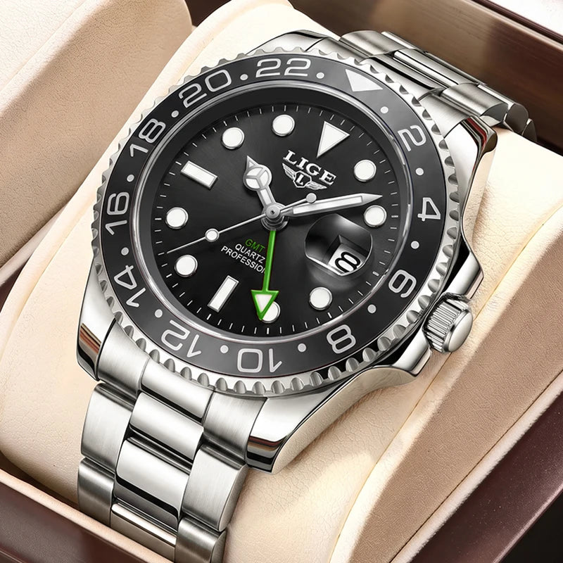 LIGE Nuevos relojes de cuarzo GMT para hombre, marca de lujo, reloj de buceo de moda, cronógrafo deportivo informal resistente al agua, Montre Homme