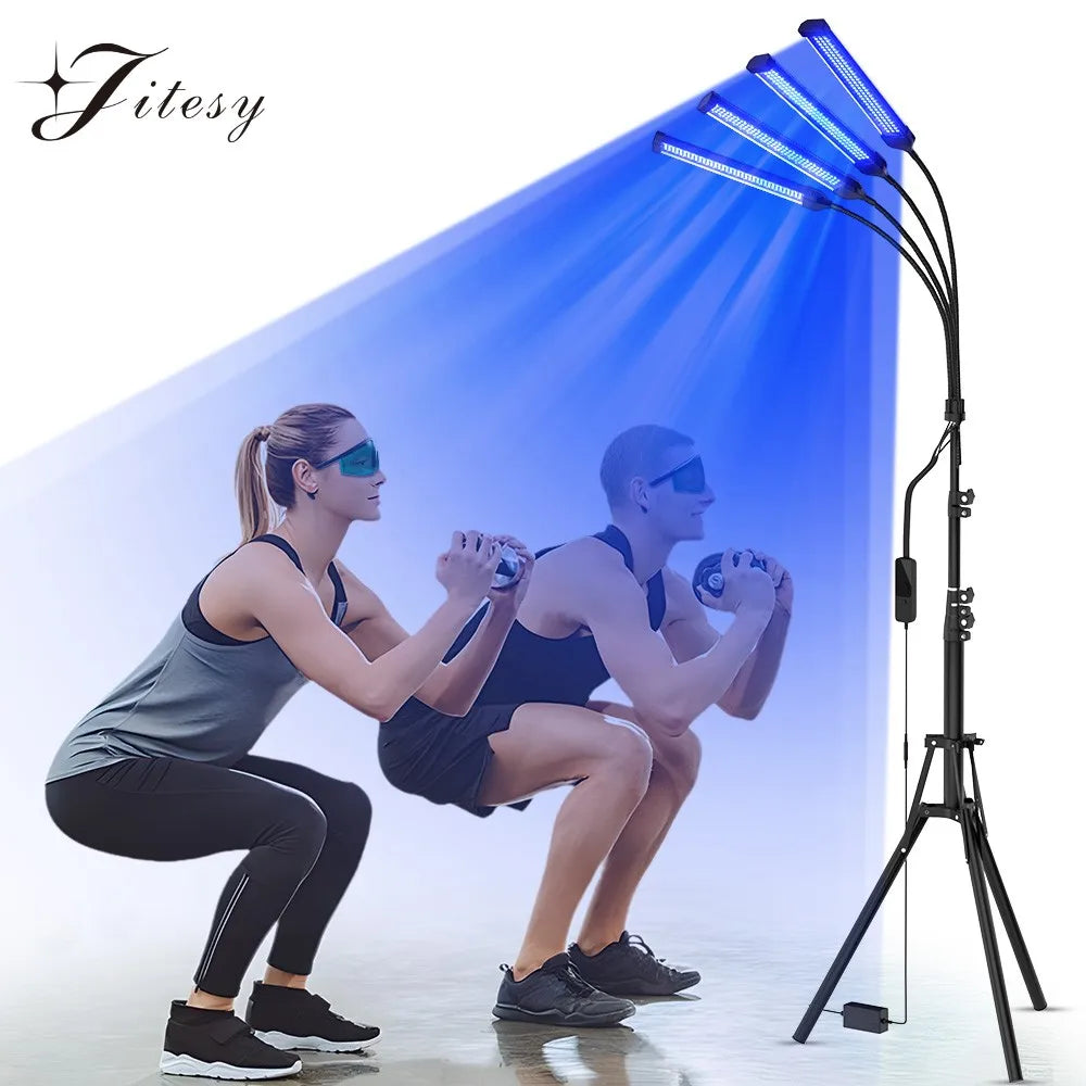 Lámpara bronceadora de 4 cabezales 360 °   Máquina de bronceado por rotación, luz azul de 432 LED, longitud de onda de 460nm y 490nm, 60W, luz bronceadora para solárium