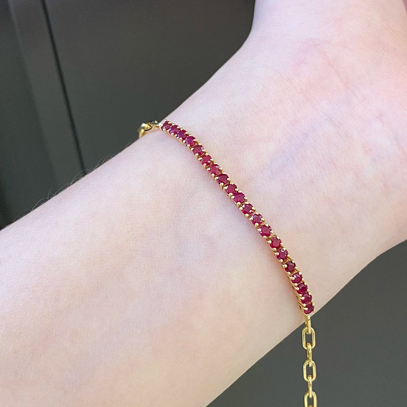 Aazuo, joyería fina, oro amarillo de 18 quilates, rubí natural, pulsera clásica con líneas de tenis para mujer, elegante y moderna, para fiesta de compromiso