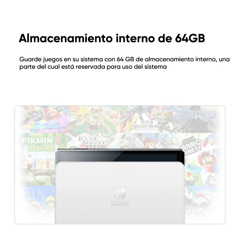 Set de Nintendo Switch modelo OLED color blanco, pantalla OLED de 7” vívida, almacenamiento interno de 64 GB, soporte ancho ajustable