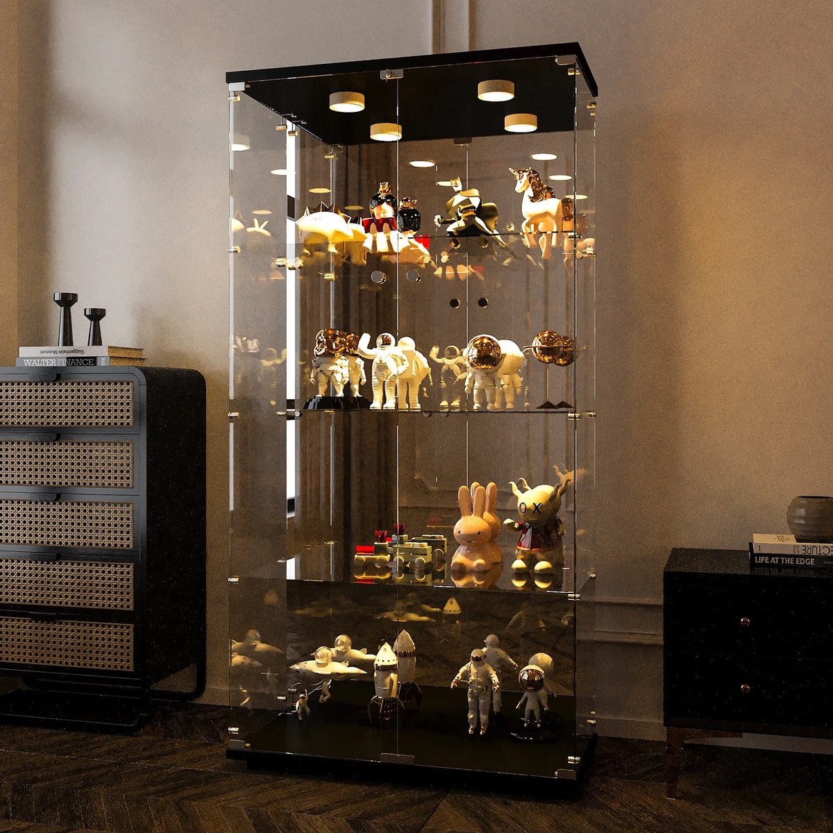 Vitrina de cristal de 164 cm para colecciones, con 2 puertas y 4 estantes, mueble expositor transparente, vitrina para figuras, vitrina de cristal para salón o bar